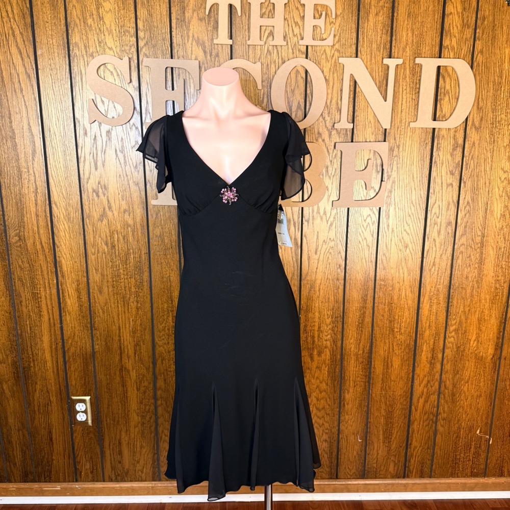 SL Fashions Midi Dress Womens 12 Black Y2K Whimsygoth Ethereal Rhinestone Brooch